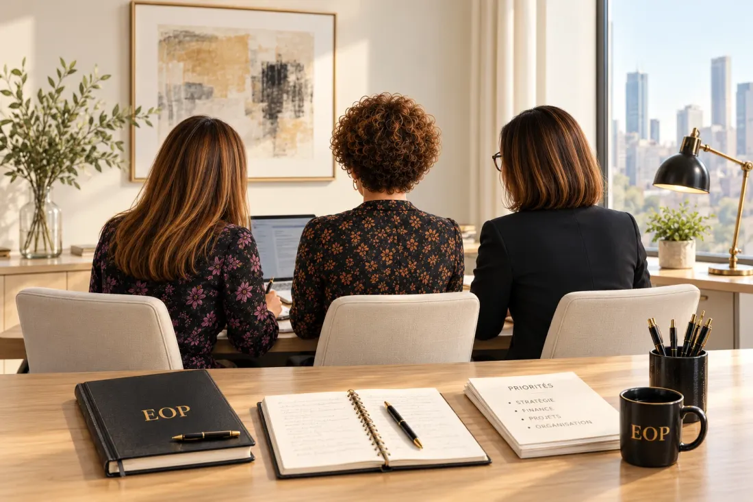 Les trois associées d'Executive Office Partners au travail dans leur bureau